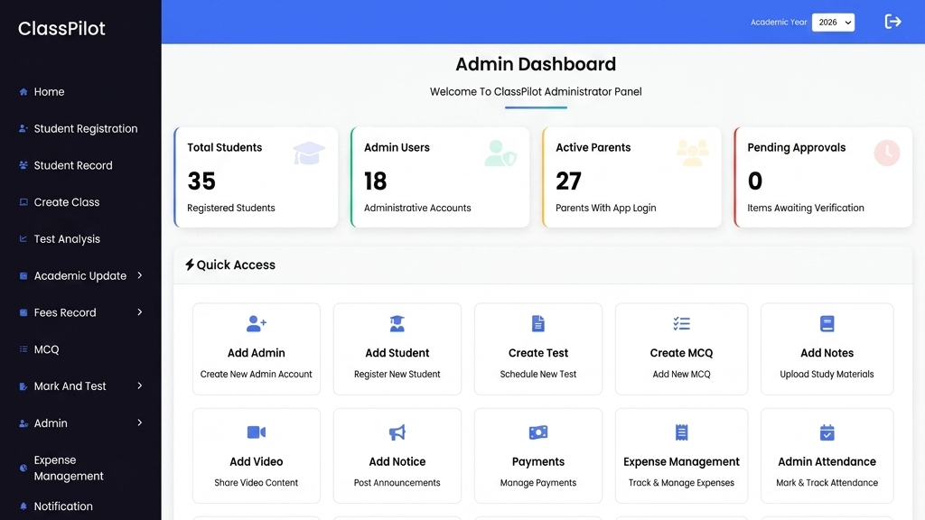 ClassPilot coaching institute admin dashboard showing attendance and fee stats