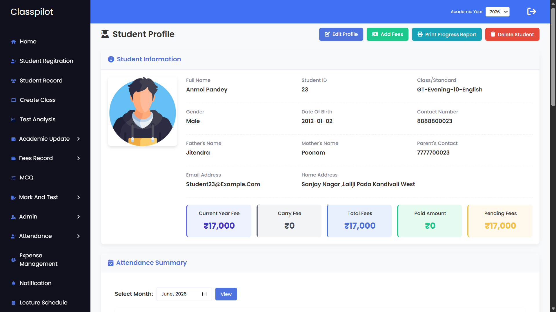 Individual student profile showing attendance record, fees, and test marks